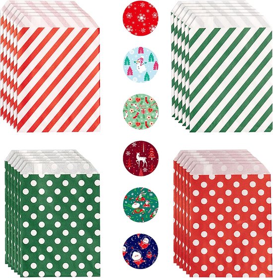 Lot de 24 sachets de fête - Sachets à friandises de Noël - Sachets à bonbons - Sachets en cellophane - Coffrets cadeaux pour friandises de Noël - Sachets à friandises - Motifs de Noël avec imprimés - Rouge, vert - Sachets pour snacks et biscuits