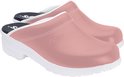Roze Skolys klompen met witte zool en schacht. Het logo Skolys staat op de zijkant.