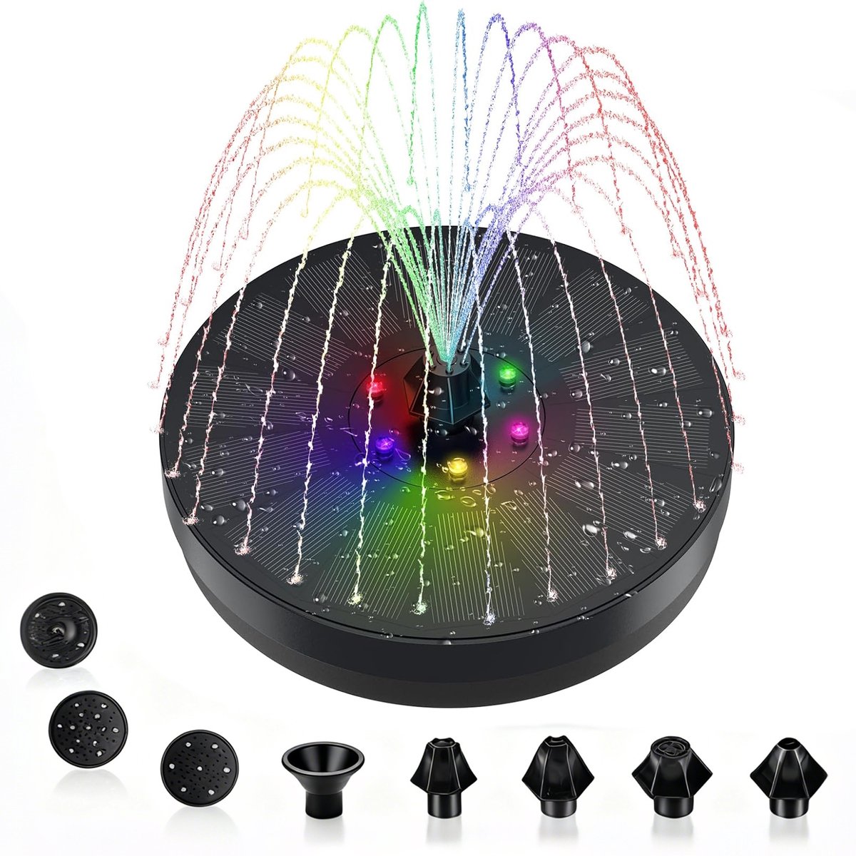 longziming Solar Fontein Vogelbadpomp - 3W - 7 sproeiers - Zonne-energieopslagfontein - 900mAh accu en LED-verlichting - Voor Vijver, Zwembad en Tuin Decoratie, Ø16cm - zwart