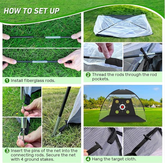 Instructies voor het opzetten van een golfoefennet: installeren stangen, door lussen rijgen, vastzetten met haringen en ophangen target.
