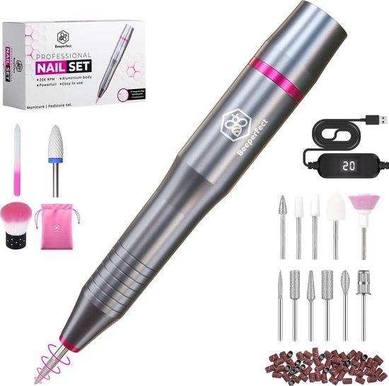 Beeperfect® Elektrische Nagelvijl - Nagelfrees - Manicure en Pedicure set - 12 Bitjes en 60 Schuurrolletjes - 3 Extra Accessoires - 20.000RPM