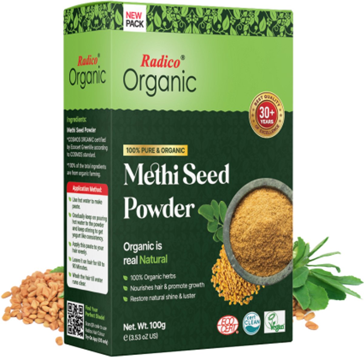 Radico ORGANIC METHI 100% Natuurlijke BIO Organic Vegan Haargroei, Anti-Haaruitval, Anti-Vergrijzing, Care, Volume, Voedende Poeder Haarmasker en Shampoo 2 in 1 met ECOCERT, HALAL, VEGAN 100g