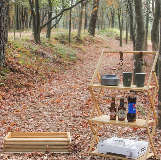 Draagbaar campingrek - 3 laags - Met 2 haken - Outdoor - Indoor - Kamperen - Opvouwbaar rek voor camping - Picknick - Bamboe - Opbergrek van Merkloos — afbeelding 2