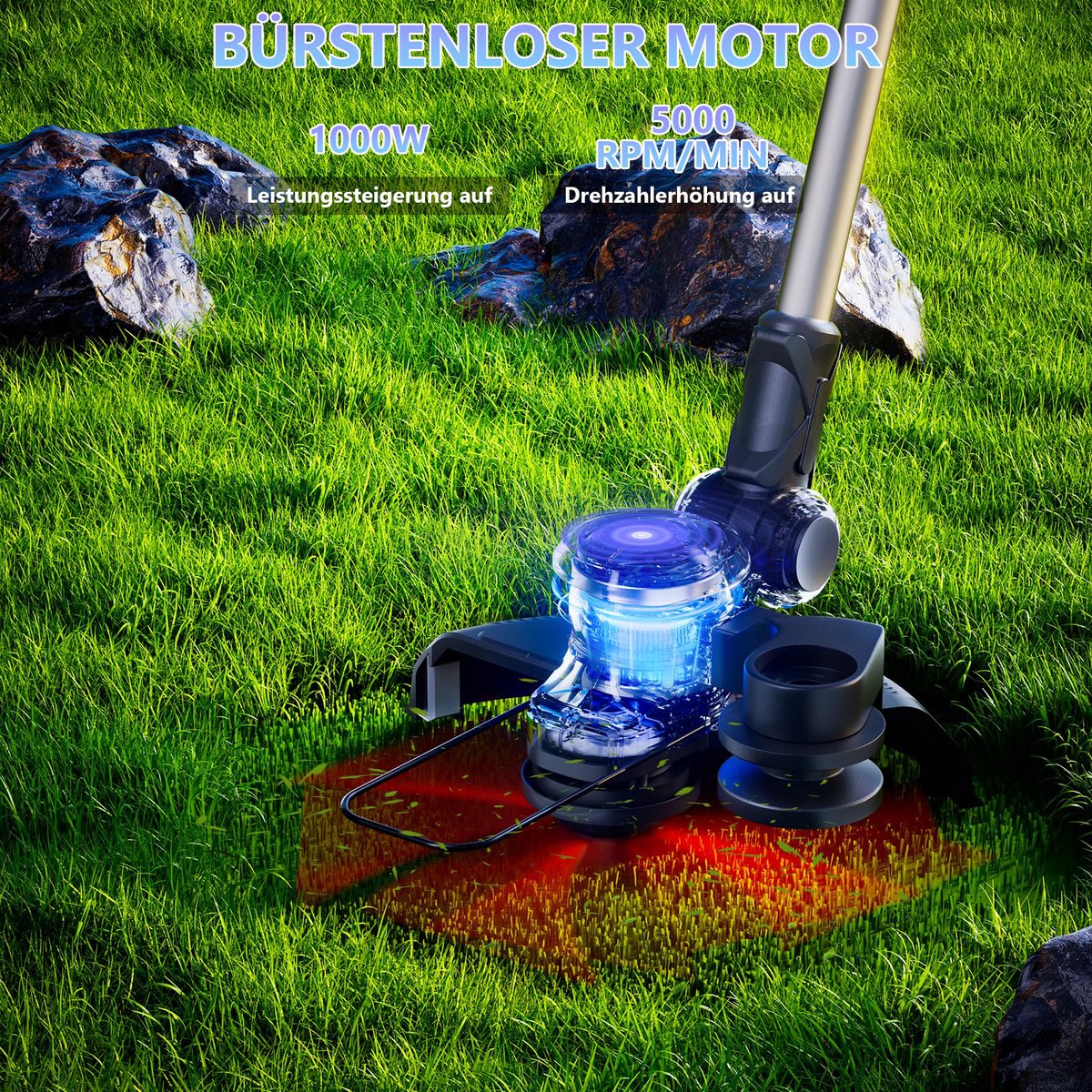 1000W Accu Grastrimmer - 4-in-1 Kantenmaaier – 26cm Snijdiameter – Bosmaaier – Grasmaaier – Draadloos & Elektrisch - Borstelloze Motor – Trimmer met 2x 4000mAh Accu en Lader – Uittrekbare Handgreep, Kantelbare Kop – Voor Gazon/Tuinklussen – foto 2