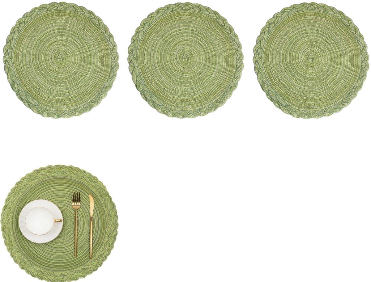 Image of 3 stuks - Ronde geweven placemat - wasbare placemat - Boho geweven ronde tafel kussen - eetplaat warmte isolatiekussen - antislip - hittebestendig - groen - 15 inch - geschikt voor eettafelfeesten en festivalfeesten en festivalfeesten en festivalfees
