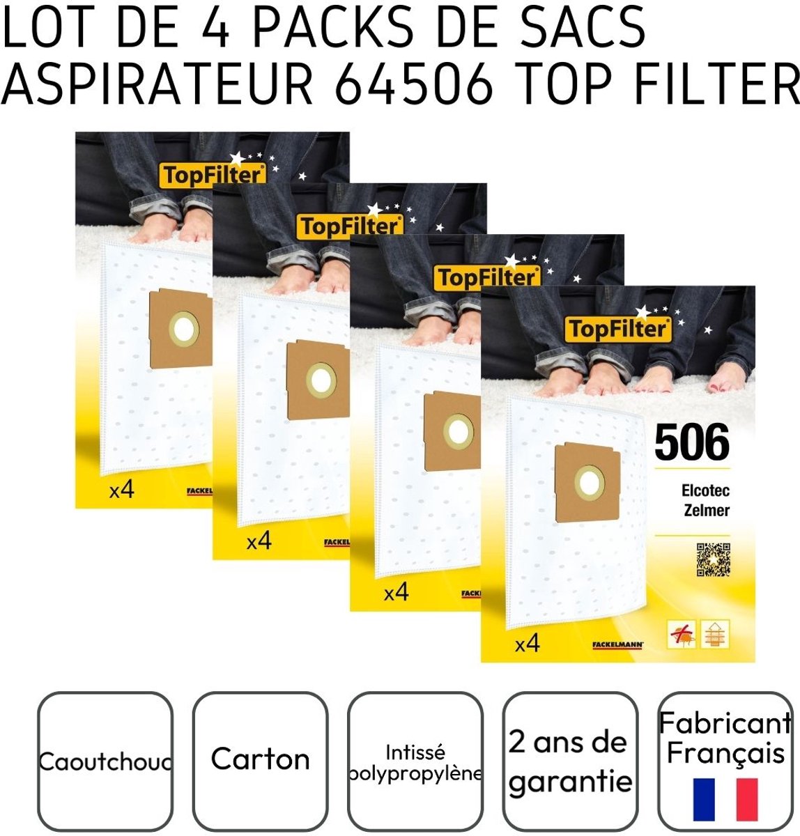 Set van 4 pakketten van 4 stofzuigerzakken 64506 voor Zelmer en Elcotec TopFilter Premium