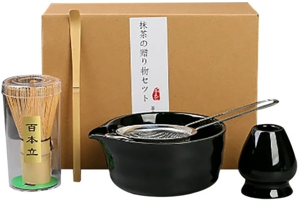Luxe 5-Delige Japanse Matcha Theeset Zwart – Handgemaakte Groene Kom & Bamboe Accessoires – Authentieke Theeceremonie voor Thuis