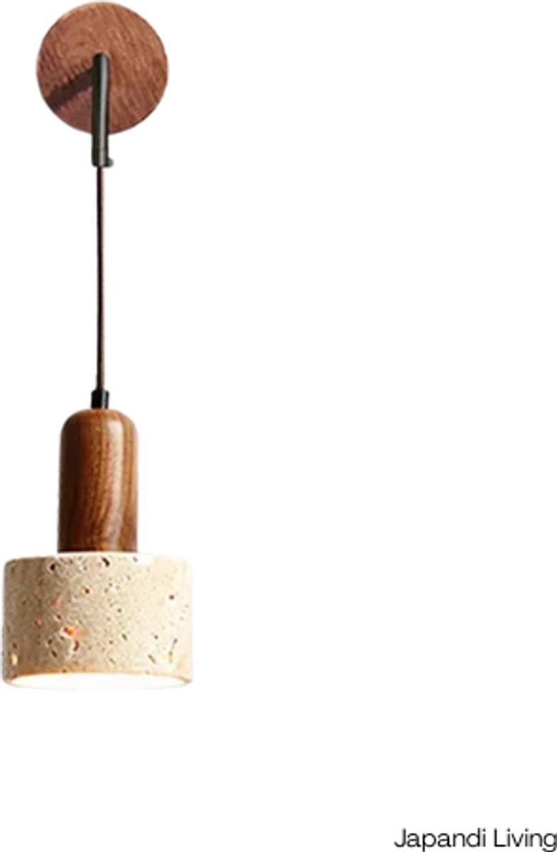 Japandi Living - Hanglamp - Minimalistisch - Wabi Sabi - Marmer - Travertin - Woonkamer, toilet, slaapkamer - Lamp - Walnoot hout