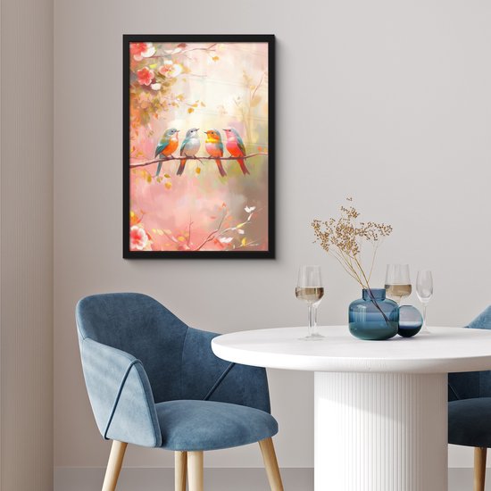 Poster in lijst - Fotolijst 40x60 cm - Posters - Vogels - Kleurrijk - Tak - Posterlijst zwart - Decoratie - Wanddecoratie woonkamer - Muurdecoratie slaapkamer