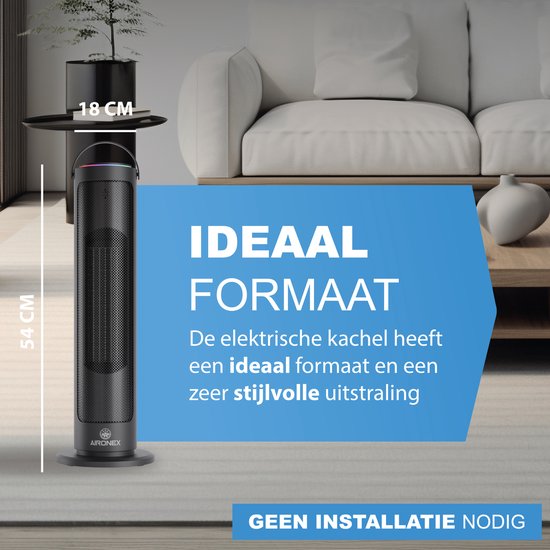 Aironex Elektrische Kachel 2000 Watt - Keramische Zwarte Kachelventilator - Electrische Kachel - Verwarming Elektrisch - Heater - Ventilatorkachel met afstandsbediening en timerfunctie - Krachtige Keramische Kachel
