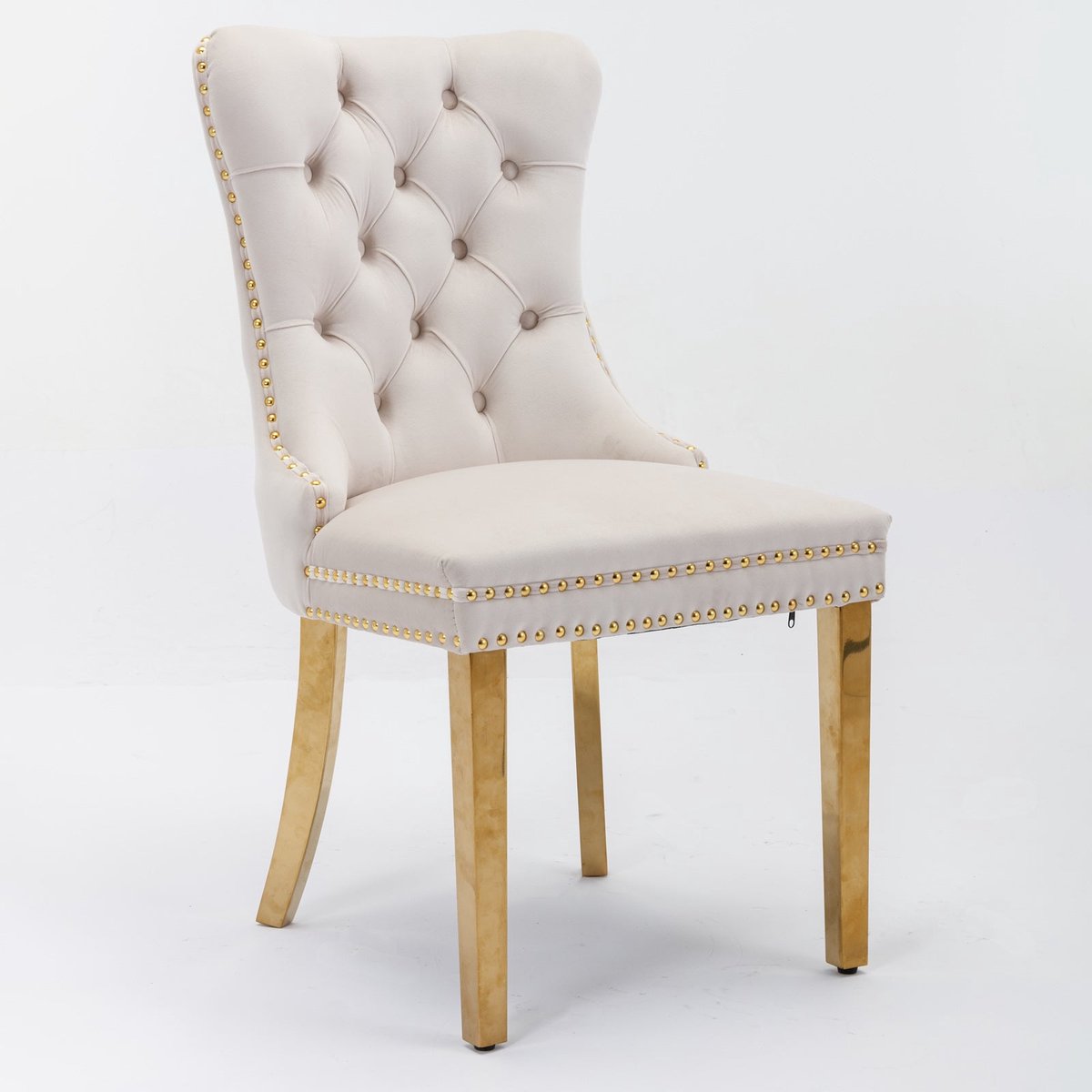 Merax Nikki Collection Eetkamerstoelen - Set van 2 - Luxe Fluwelen Stoelen met Hoge Rugleuning - Beige Bekleding - Gouden Stalen Poten - Klassiek Design met Nagelstuds
