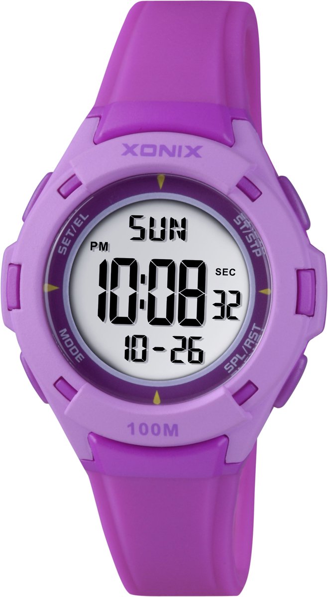 Xonix-kinderhorloge-model bbn-003-paars-lila-100 meter waterdicht-datum-stopwatch-timer-alarm-diameter 33 mm