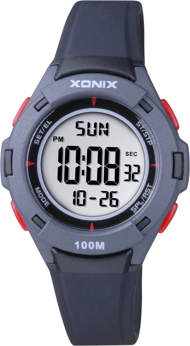 Xonix-kinderhorloge -model bbn-007-unisex-zwart-datum-100 meter waterdicht-timer-stopwatch-backlight-diameter 33 mm-2 tijden
