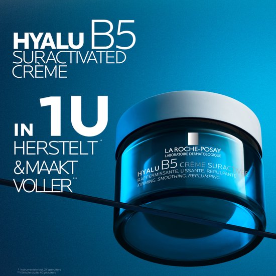 Blauwe pot met witte deksel. La Roche-Posay Hyalu B5 Crème Suractivée. Tekst: 'In 1 uur herstelt & maakt voller'.