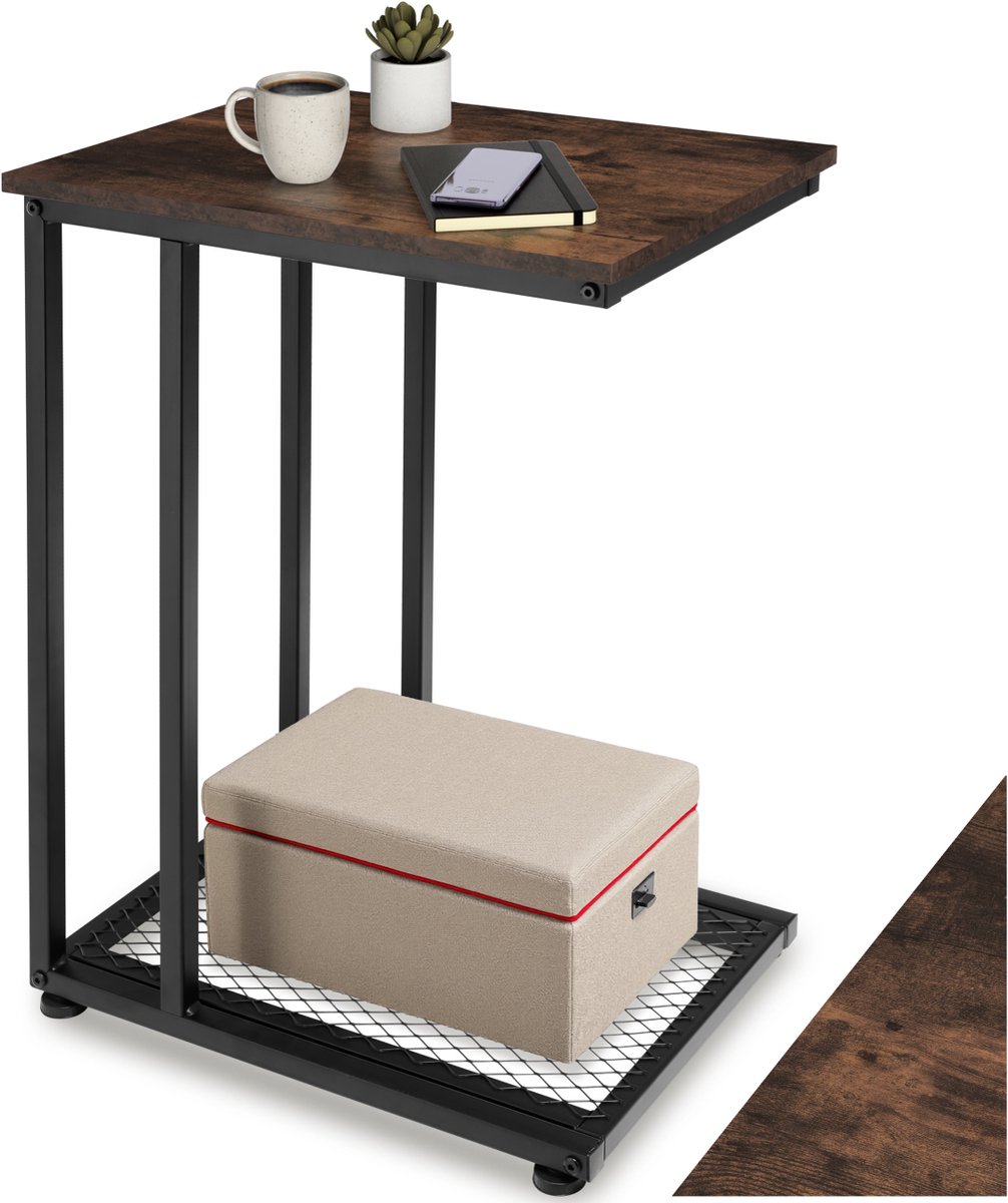 tectake® C-Vormige Bijzettafel van Hout en Metaal – Industrieel Design, Salontafel met Gaasplank, 48x35x66 cm, Zwart Metalen Frame – Industrial Dark Brown