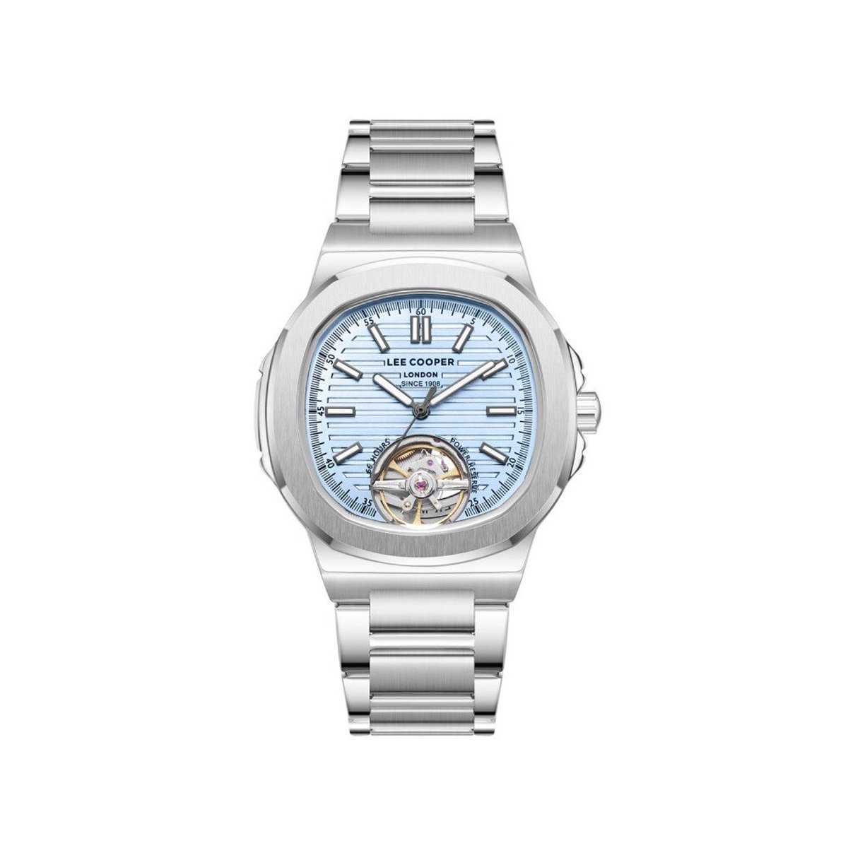Lee Cooper LC08227.300 - Horloge - Polshorloge - Analoog - Automatisch - Mannen - Heren - Stalen band - Metaal - Rond - Skeleton - Strepen - Cijfers - Zilverkleurig - Goudkleurig - Lichtblauw - Wit - Zwart - Roos