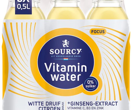 Sourcy Vitaminwater Druif/Citroen Focus: 6x 0,5L flesjes met gele en witte verpakking, met "0% suiker" en "vitamine C, B3 en zink".