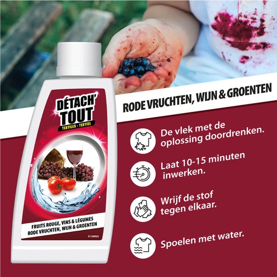 Fles vlekverwijderaar met rode vruchten, wijn & groenten. Bovenkant toont een witte T-shirt met rode vlekken. Tekst: Rode vruchten, wijn & groenten. Instructies voor het verwijderen van vlekken.