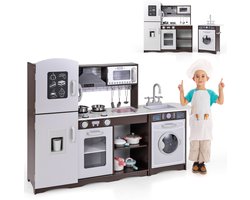 COSTWAY Kinderkeuken hout, hoek-speelkeuken met licht & geluid, incl. 7 accessoires, speelgoedkeuken met fornuis, gootsteen, ijsmachine, magnetron, wasmachine, afzuigkap, telefoon, voor kinderen vanaf