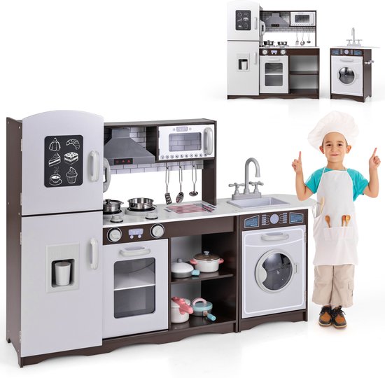 COSTWAY Kinderkeuken hout, hoek-speelkeuken met licht & geluid, incl. 7 accessoires, speelgoedkeuken met fornuis, gootsteen, ijsmachine, magnetron, wasmachine, afzuigkap, telefoon, voor kinderen vanaf