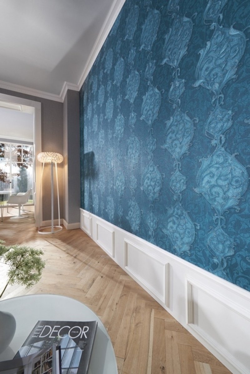 BLAUW BAROK BEHANG MET GLITTER DUBBELBREED DIKKE RELIEF