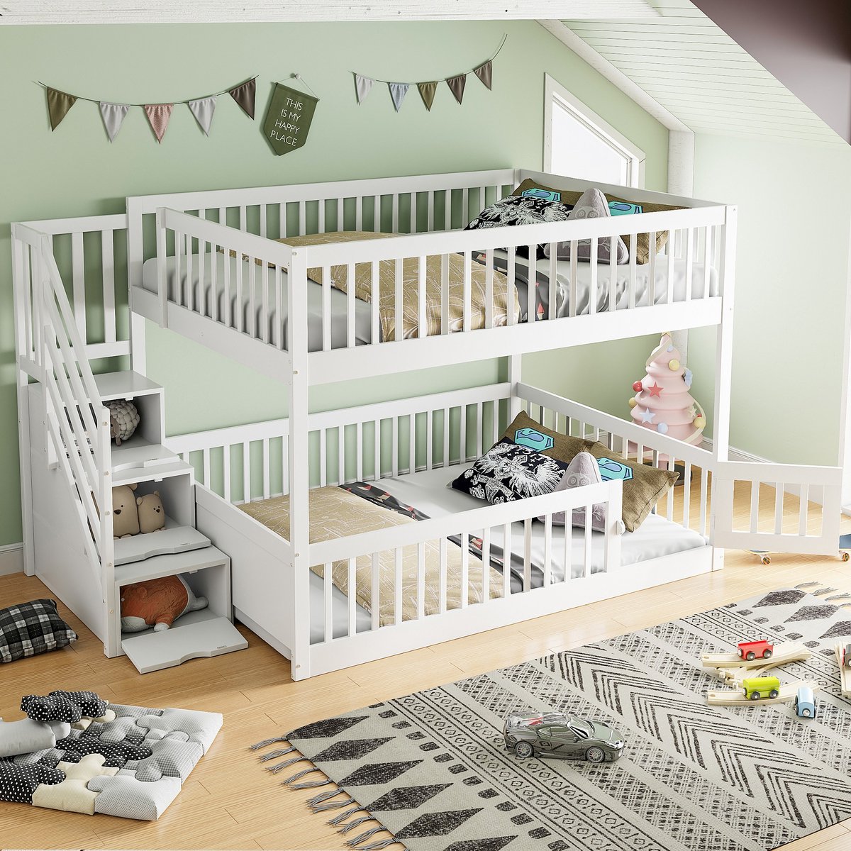 PHOEBE CAT Hoogslaper - 140x200cm - Opbergtrap - Houten kinderbed - Veiligheidshekken - Wit