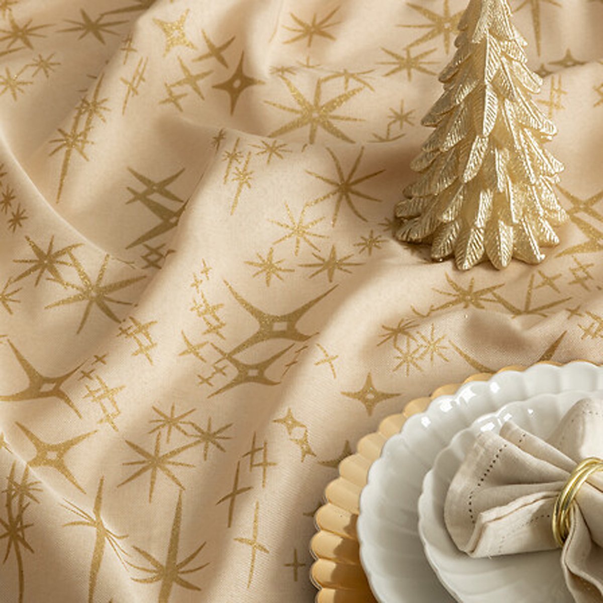 Feeric Christmas Tafelkleed - beige - sterren opdruk - 140 x 360 cm - rechthoekig - tafellaken