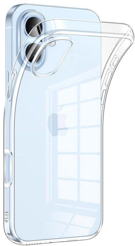 Coque iPhone 17 transparente, fléchissant pour montrer le téléphone. Découpe de caméra visible.