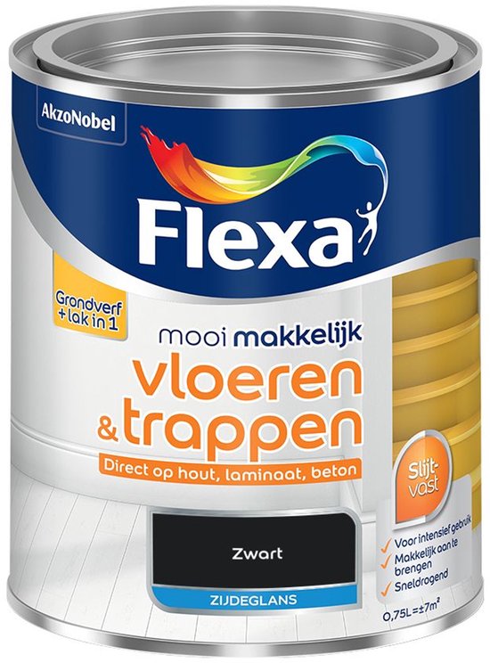 Blik Flexa vloeren & trappen verf in de kleur Zwart, zijdeglans. Met de tekst 'Grondverf + lak in 1'.