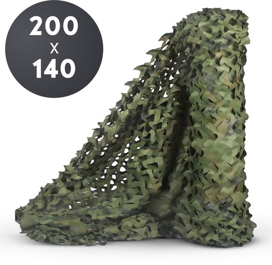 Een gedrapeerd groen camouflage net met de tekst "200 x 140" in een cirkel.