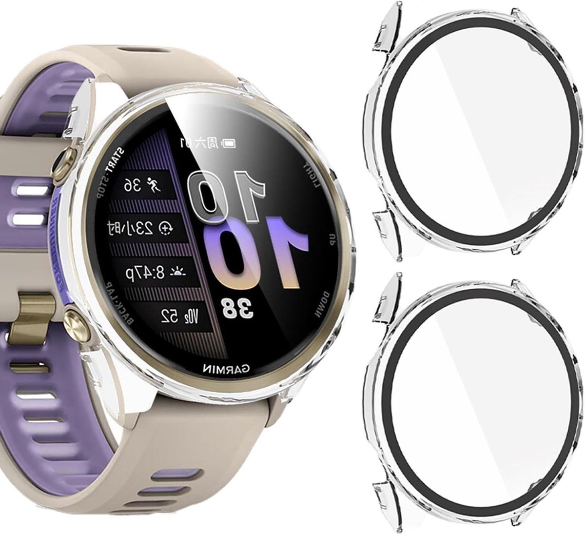 Beschermhoes en glazen screenprotector voor hardloop horloge - 2 stuks - doorzichtig-transparant met harde plastic rand - compatibel met hardloop horloge.