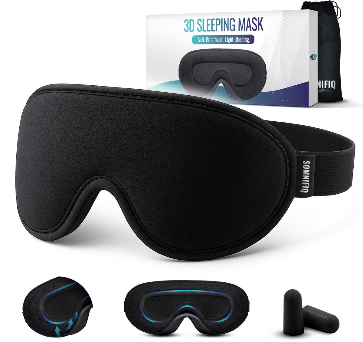 Bol.com Somnifiq Slaapmasker - Luxe 3D Oogmasker Slaap - Zijden Slaapmasker - Traagschuim - 100% Verduisterend - Voor Mannen en ... aanbieding
