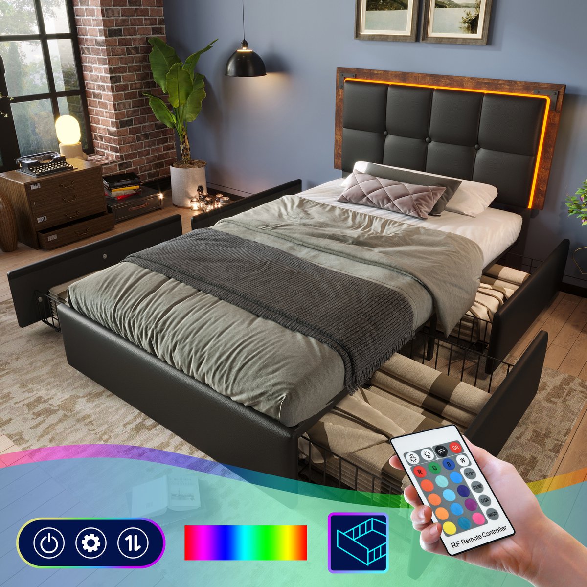 Bedframe - 90x200 cm - LED-verlichtingsbalk - 4 laden - verstelbaar hoofdeinde - functioneel bed - PU zwart (zonder matras)