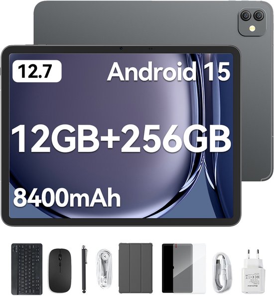 Een zwarte Blackview tablet met een 12,7 inch 2K scherm, waarop 'Android 15', '12GB+256GB' en '8400mAh' staat. Ook bijpassende accessoires.
