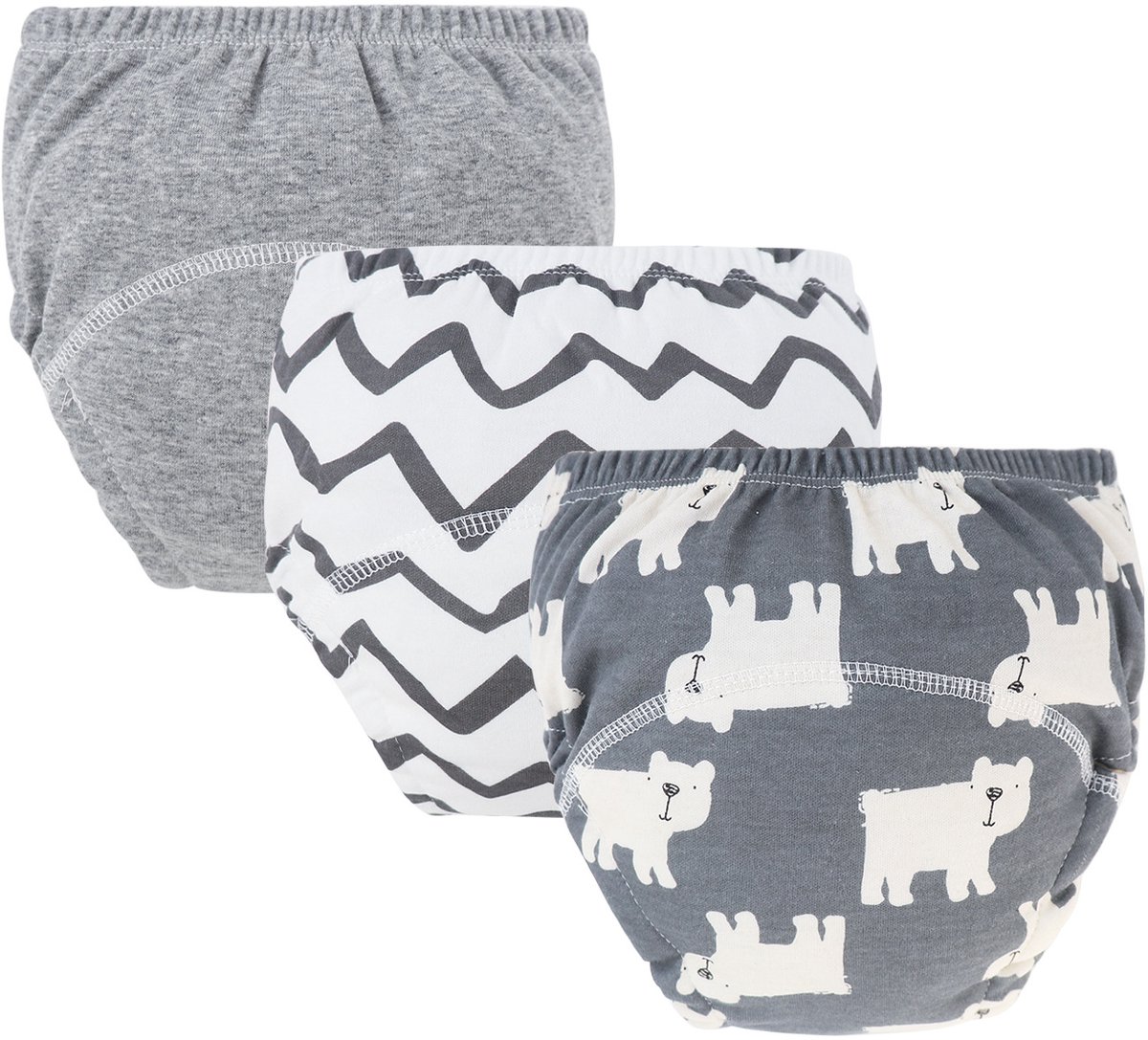 Image of 3-pack baby katoenen trainingsbroekjes - herbruikbare peuter zindelijkheidstraining broekjes - grijs + grijze curve + donkergrijze ijsbeer (luiers) - geschikt voor jongens en meisjes van 12-18 kg