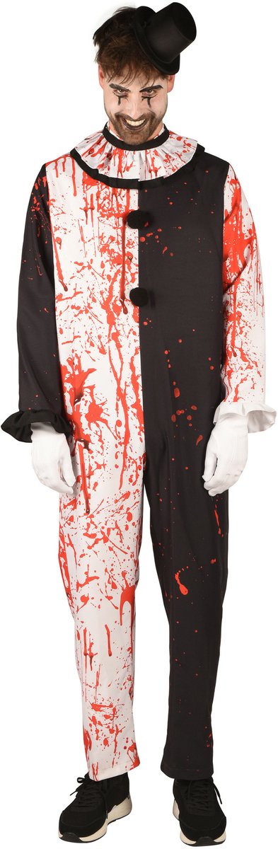 Horror Clown Jumpsuit - Zwart-Wit - Bloedspetters Halloween - Heren - Maat XS/S