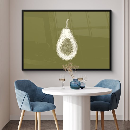 Poster in lijst - Fotolijst 120x80 cm - Posters - Avocado - Minimalistisch - Illustratie - Groen - Posterlijst zwart - Decoratie - Wanddecoratie woonkamer - Muurdecoratie slaapkamer