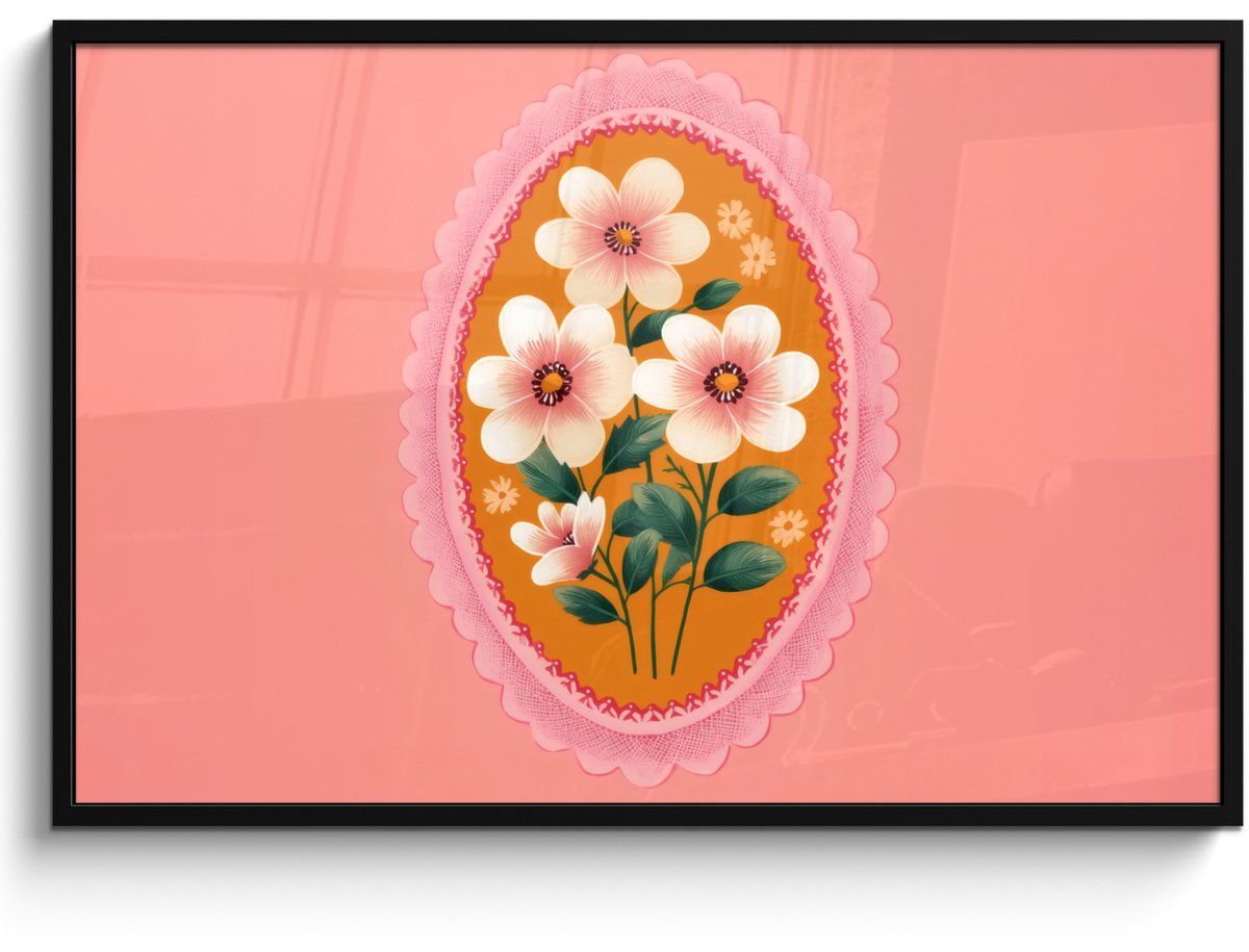 FrameYourWall Poster in lijst - Fotolijst 120x80 cm - Posters - Illustratie - Bloemen - Rand - Roze - Posterlijst zwart - Decoratie - Wanddecoratie woonkamer - Muurdecoratie slaapkamer