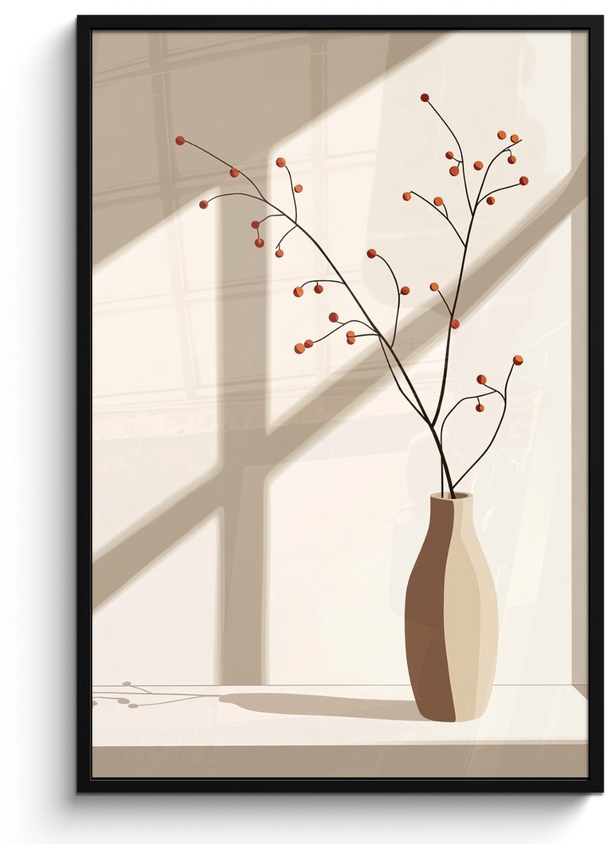FrameYourWall Poster in lijst - Fotolijst 80x120 cm - Posters - Vaas - Takken - Bessen - Minimalistisch - Posterlijst zwart - Decoratie - Wanddecoratie woonkamer - Muurdecoratie slaapkamer