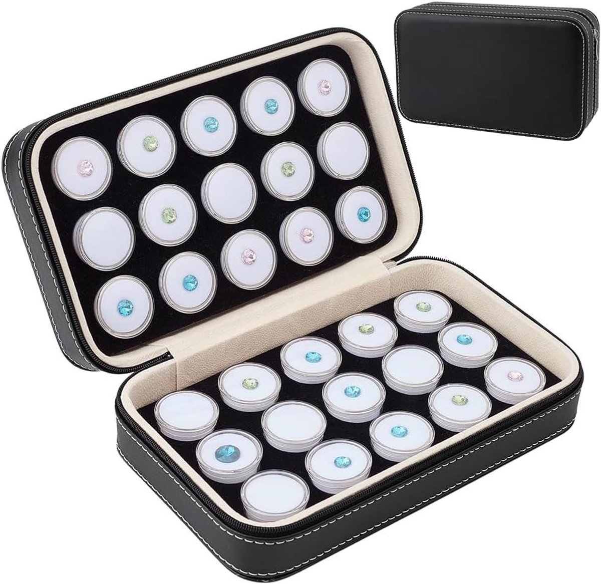 Lederen Sieraden Display Case 20.5x13x6cm met 30 Stks Gem Jars en Wit Foam Insert - Diamant Opbergdoos voor Collectibles