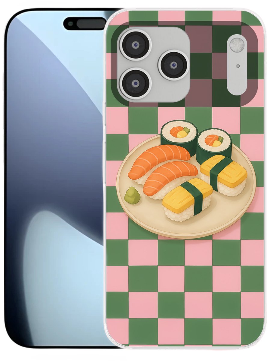 Telefoonhoesje Geschikt voor iPhone 17 Pro Max hoesje - Sushi - Bord - Geblokt - Groen - Siliconen Telefoonhoesje Telefoonhoesje