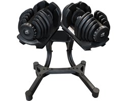 AJ-Sports 2x 40kg verstelbare dumbbells inclusief vaste opbergsteun - 5 t/m 40kg - Gewichten - Dumbell Set - Gewichten set - Halterset - Fitness gewichten - Krachttraining - Fitness - Zwart