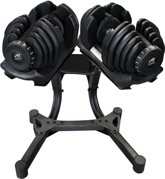 Twee AJ-Sports verstelbare zwarte dumbbells met een gewichtsbereik van 5-40 kg, op een zwarte standaard.
