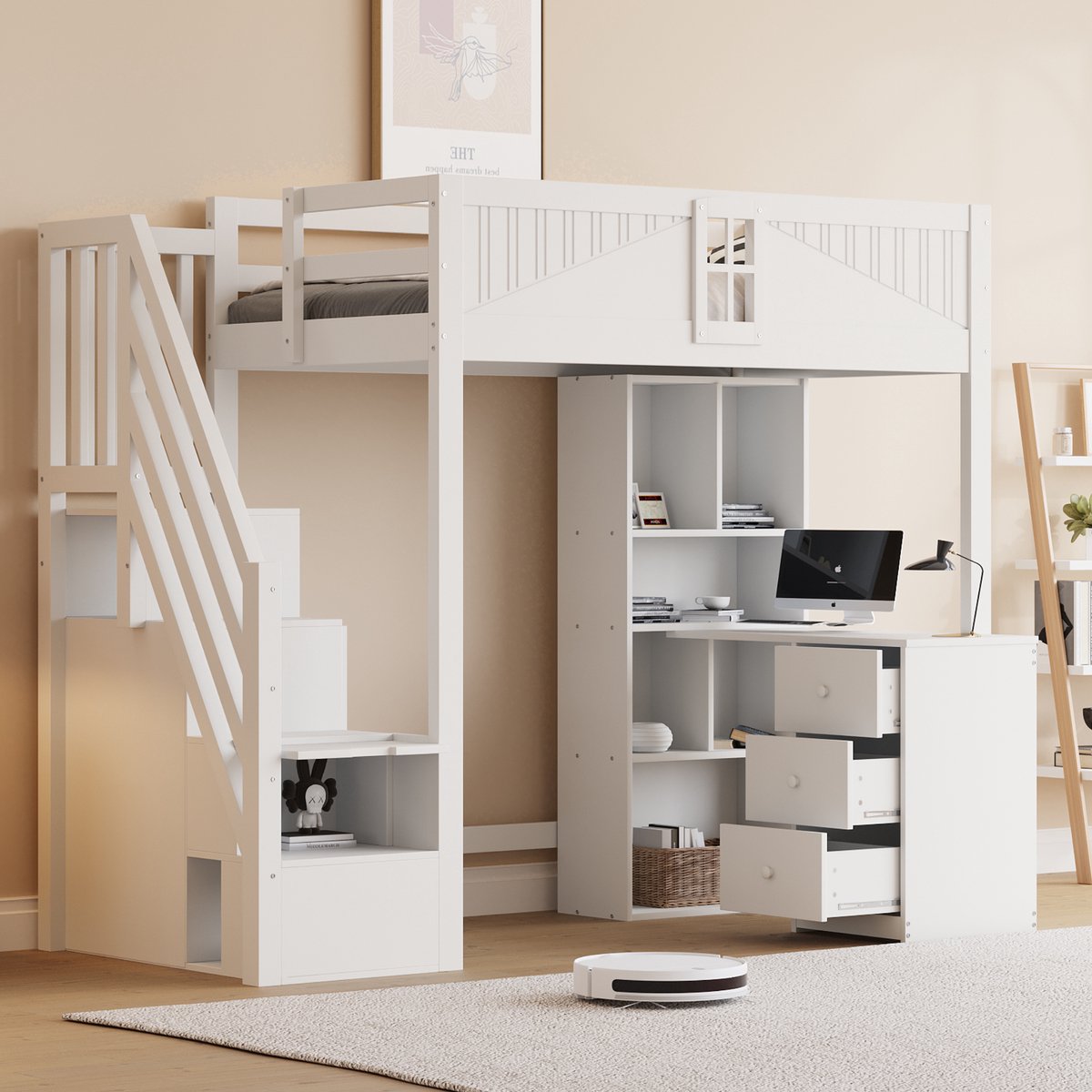 Sweiko Hoogslaper - 90 x 200 cm - met Opbergkast - Bureau - 3 lades - Links/rechts verwisselbaar - Wit