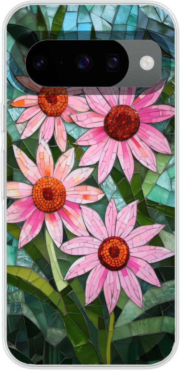 Telefoonhoesje Geschikt voor Google Pixel 10 Pro hoesje - Bloemen - Roze - Glasmozaïek - Siliconen Telefoonhoesje Telefoonhoesje