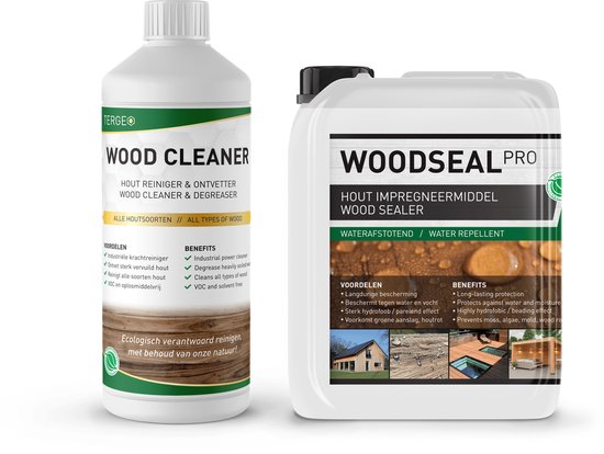 Douglas hout behandelen en schoonmaken - Duurzaam buiten hout 100% Waterdicht maken - Nano Coating - Woodseal Pro Hout Impregneermiddel 2,5L (15m2) + Houtreiniger Tergeo Wood Cleaner 1L