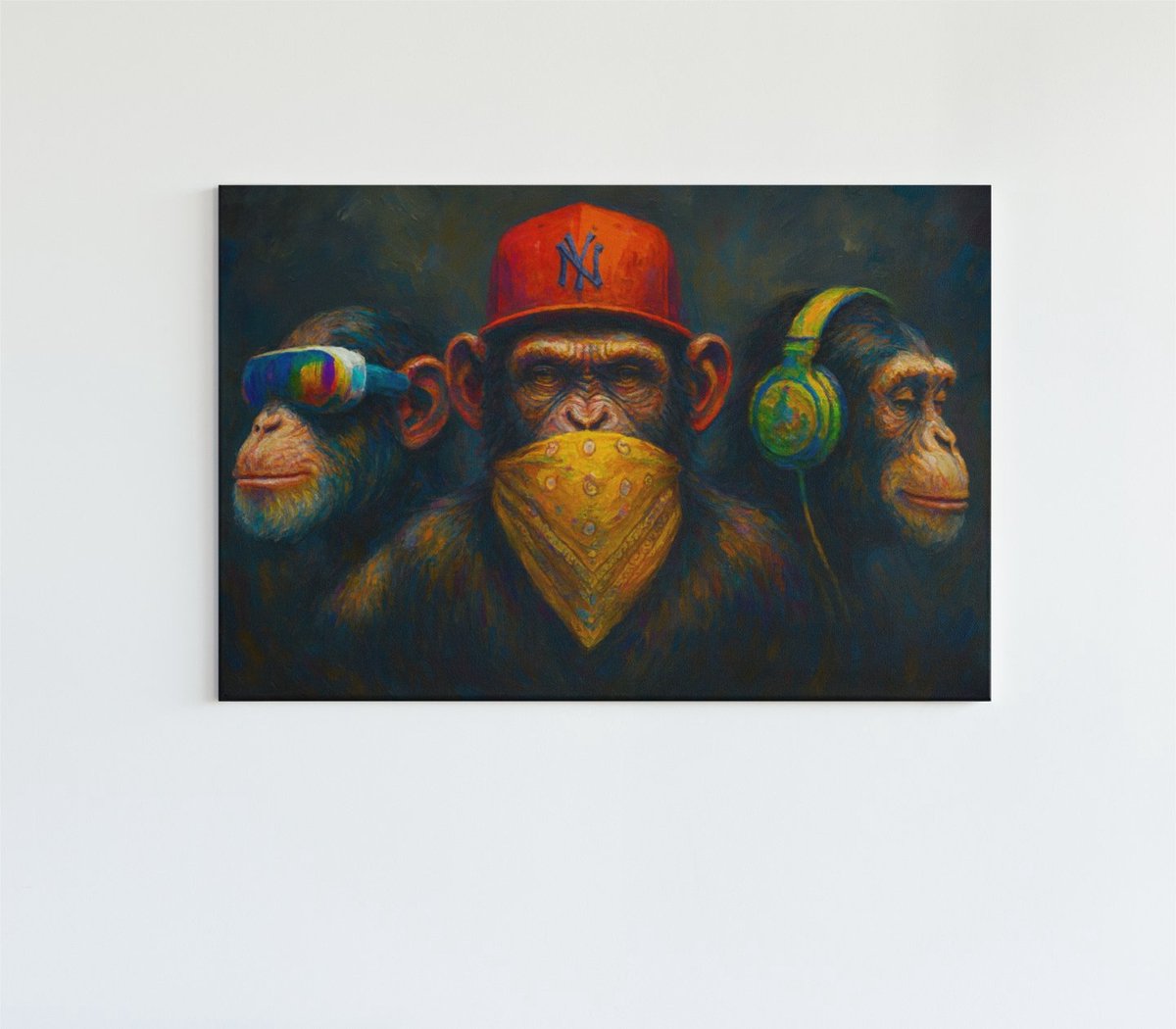 Trendex Global Canvas Schilderij - 3 Apen - Apentrots - Wanddecoratie - 60x40x2 cm Kleurrijk