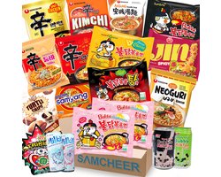 SAMCHEER Korean Ramen Snack Box - Samyang Buldak Carbonara - Nongshim Pikante Koreaanse Noedels - Kimchi Ramen - Rice Crackers - Bubble MilkTea - 20-delig box