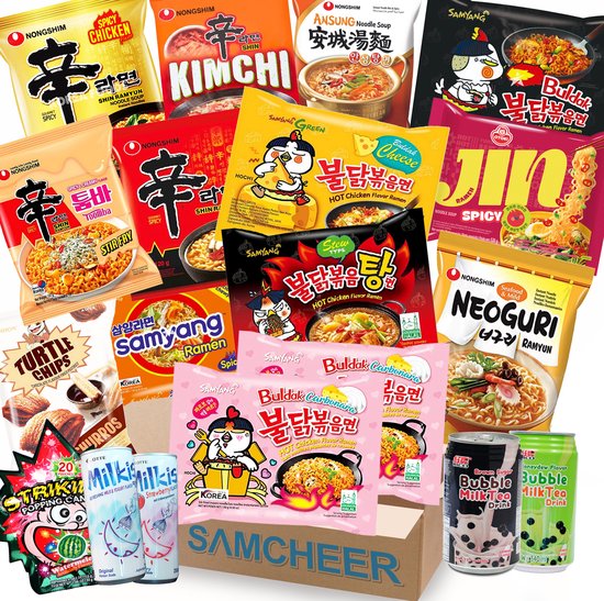 SAMCHEER Korean Ramen Snack Box - Samyang Buldak Carbonara - Nongshim Pikante Koreaanse Noedels - Kimchi Ramen - Rice Crackers - Bubble MilkTea - 20-delig box