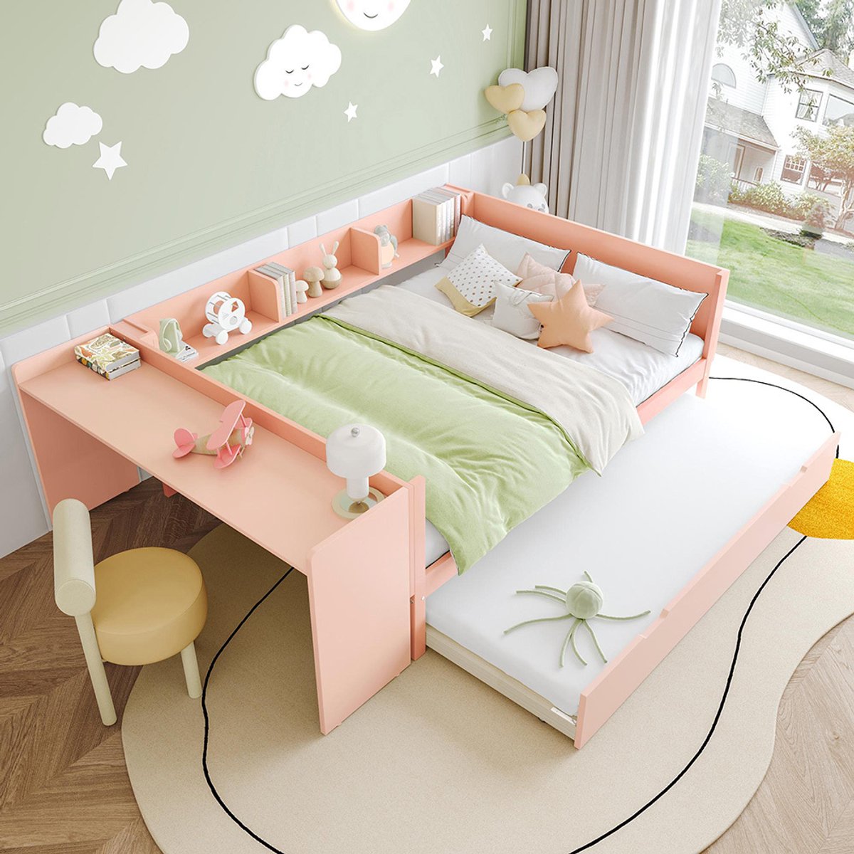 KOMHTOM BLACKCOLORS Vlak bed, houten bed, 140x200cm, met bureau, met bed op wieltjes, tweepersoonsbed (zonder matras), met planken, grenen + spaanplaat, roze